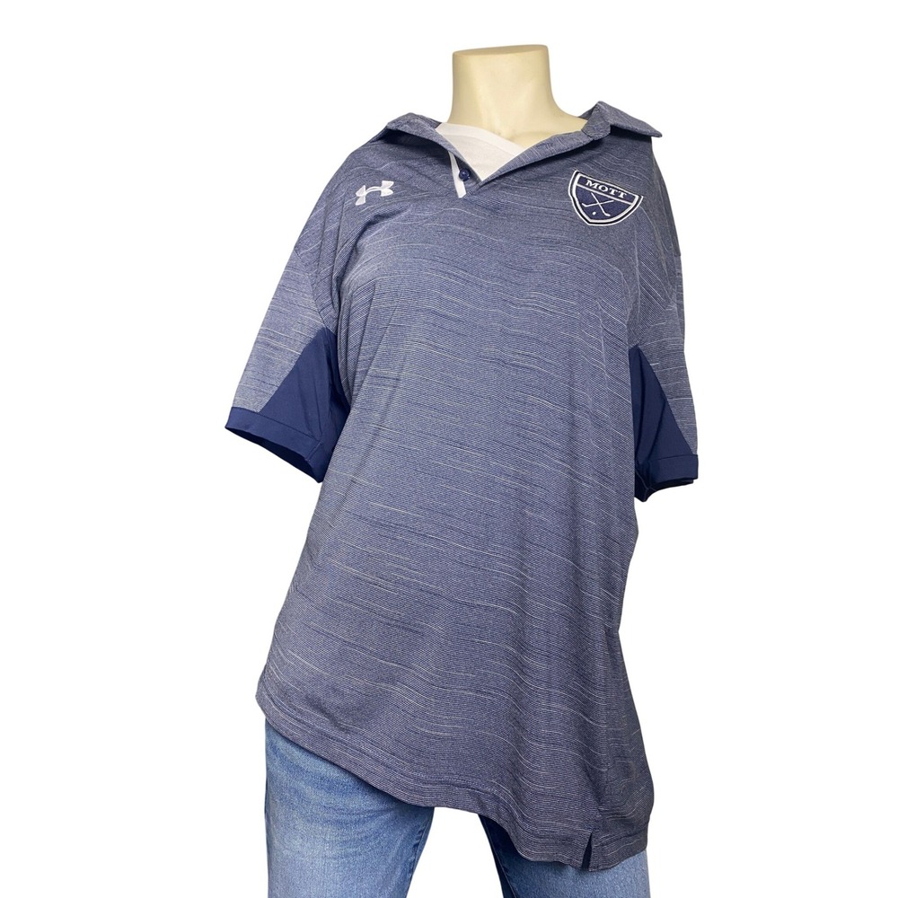 Under Armour HeatGear Polo Shirt LG‎ Loose Blue Striped Athletic Short Sleeve